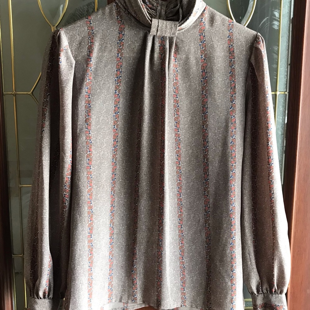 VTG 80s Susan Hutton Puff Sleeve Gathered Collar Button Back Blouse Size 8